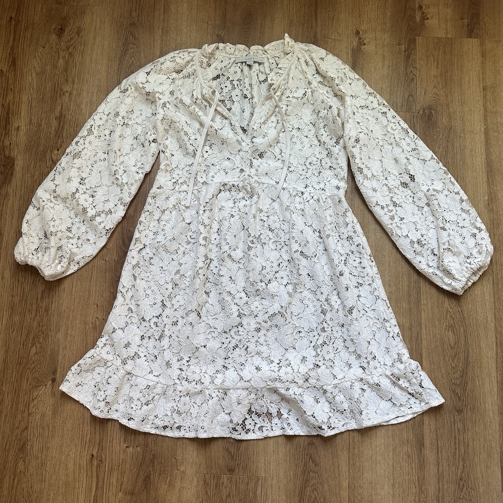 Loft Lace Layering Puff Long Sleeve Dress Ivory Small Petite